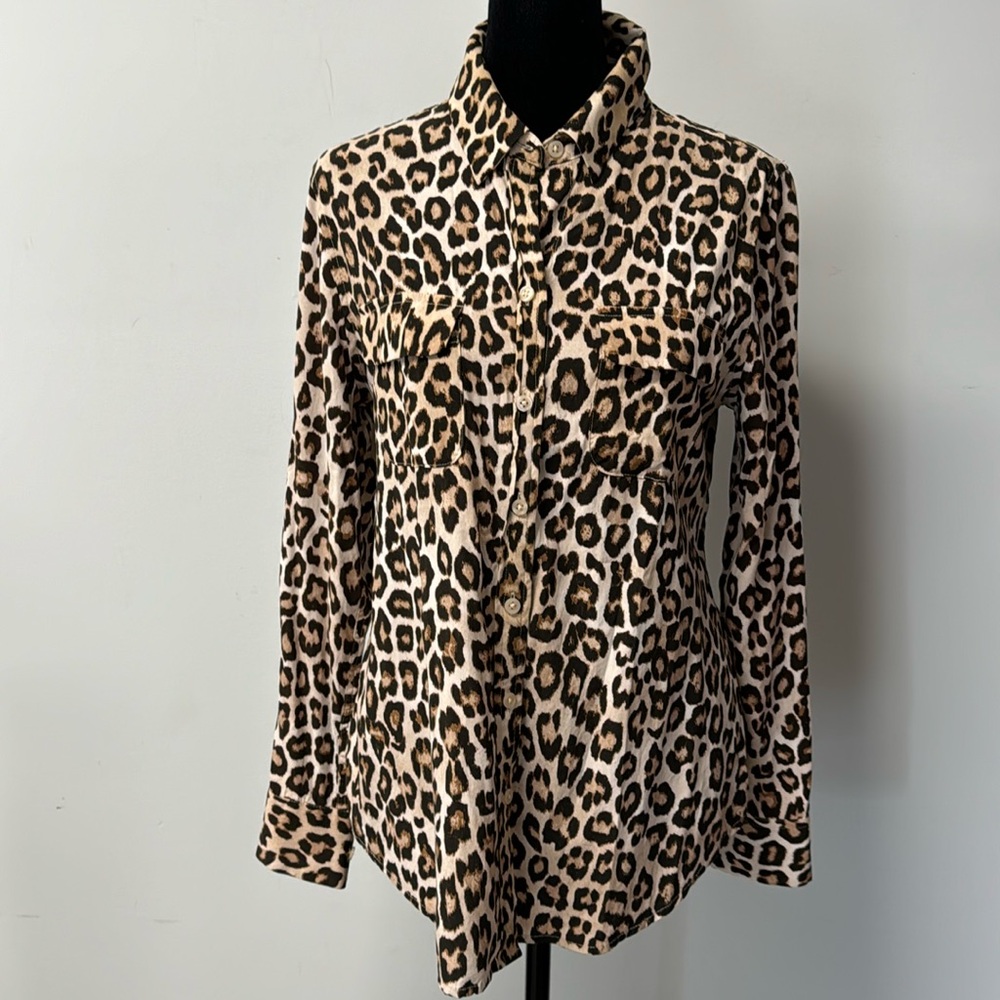 CHICO’s Button Down Leopard Blouse Long Sleeve Modal Animal Print Size XS Career